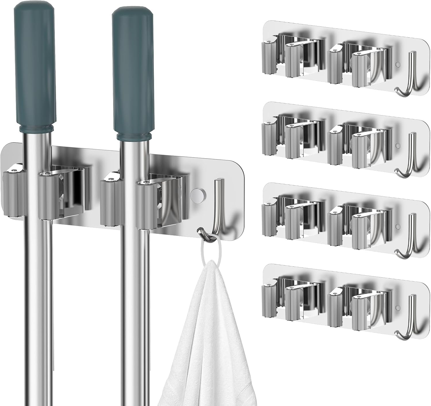 Wall Mount Mop and Broom Holder, Heavy Duty Stainless Steel Organizer Rack with Hooks | 2-Pack, 2-in-1 No Drill & Screw Installation, Silver