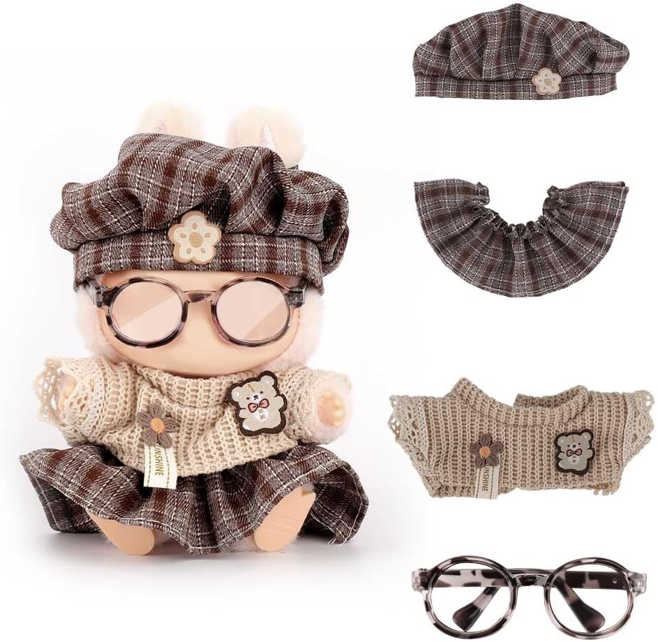 WALLFID Doll Clothes for Labubu , 4-Piece Outfit Set for 17cm Dolls , Fashion Outfit with Hat，Top，Pants & Accessories, Doll Wardrobe Essentials （No Doll） (Vintage Brown)