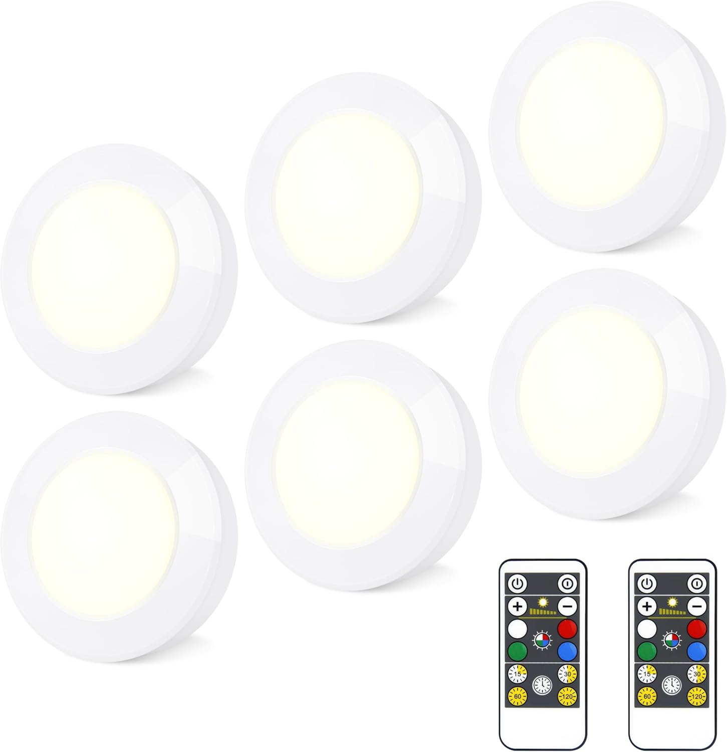 Wireless LED Puck Lights with RF Remote(6-Pack), Battery Operated Under Cabinet Lights, Color Changing Stick On Lights,Dimmable Tap Light with Timmer for Closet Bedroom Kitchen Drawer Counter