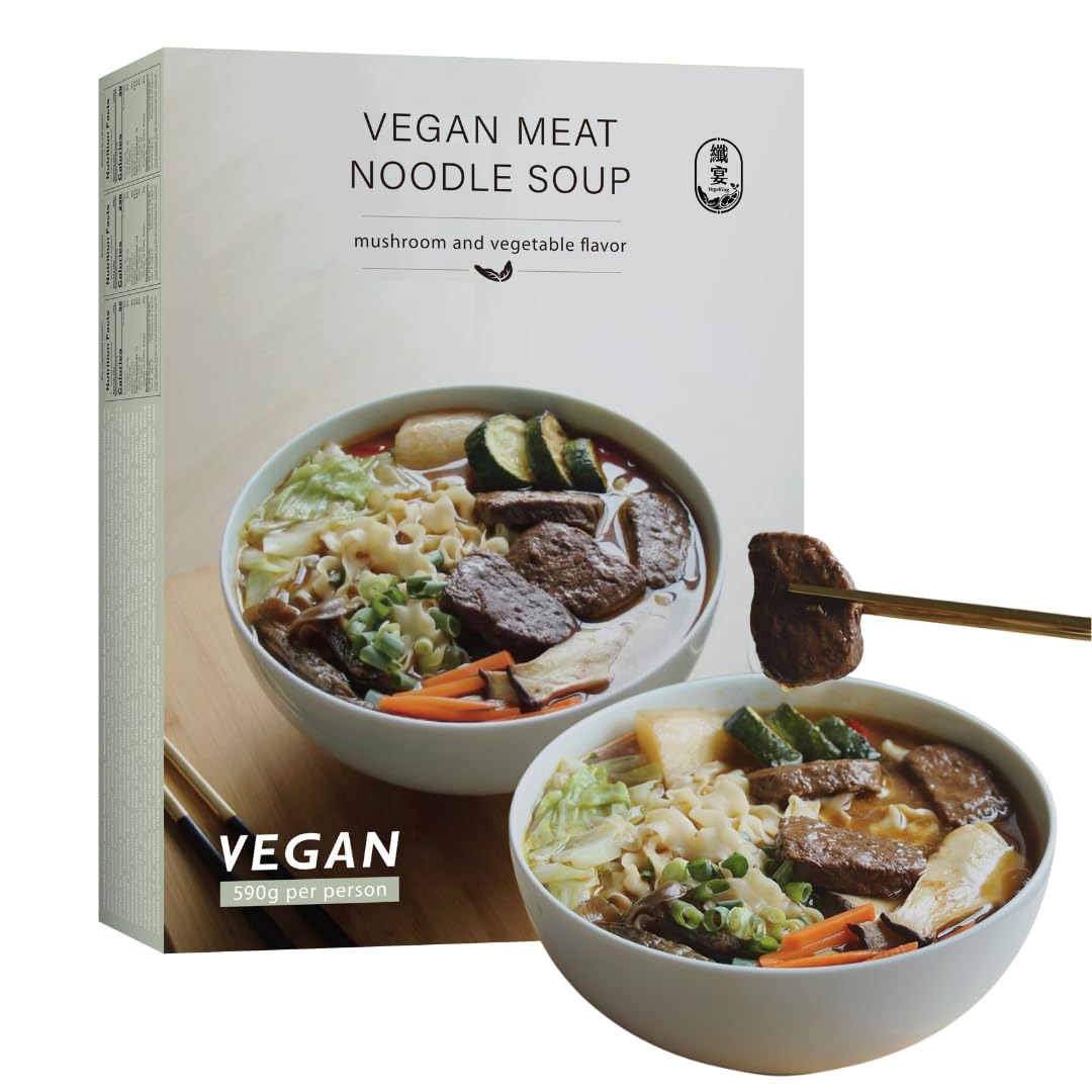 VegeKing Vegan Beef Noodle Soup – Taiwan Ramen | Plant-Based Meat & Ready-to-Eat | Healthy, Low Fat, High Protein Asian Noodles | Preservative-Free, Non-GMO, No MSG | Pre-Cooked Broth Noodles | Mushroom & Vegetable Flavor | Vegetarian (1 Pack)