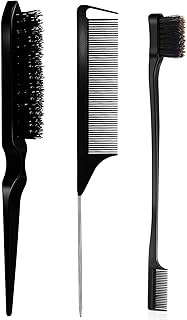 3 Pieces Teasing and Styling Brush Set: Hair Brush with 3 Rows, Dual Edge Brush, and Sturdy Parting Comb for Brushing, Combing, and Slicking Hair (Black)