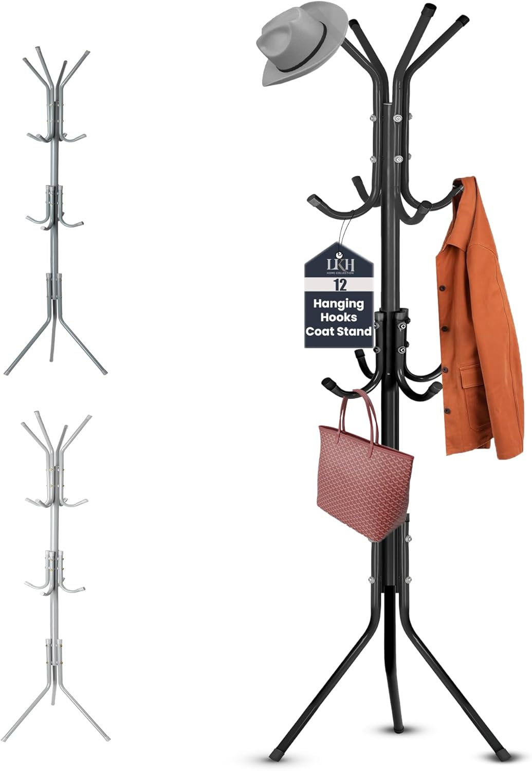 LKH Coat Rack Stand 170cm Steel Hat Stand Coat Stands with 12 Hooks – Clothes Hanger for Jackets, Hats, Scarves, Bags & Umbrellas Space Saving Design Non-Slip Feet-Black