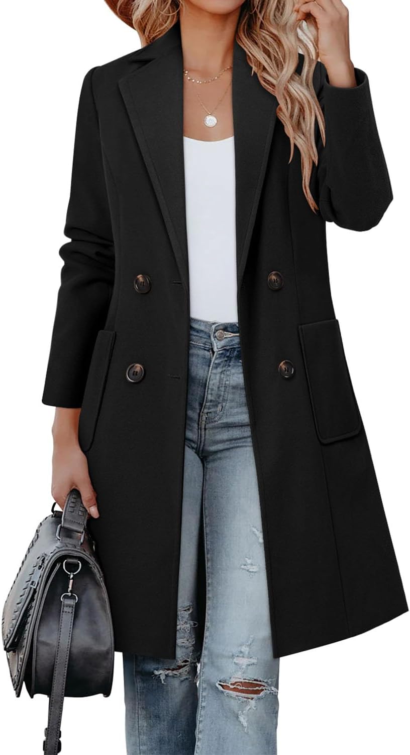 CHICZONE Women's Notch Lapel Double Breasted Mid Long Pea Coat Wool Blend Overcoat Winter Outwear