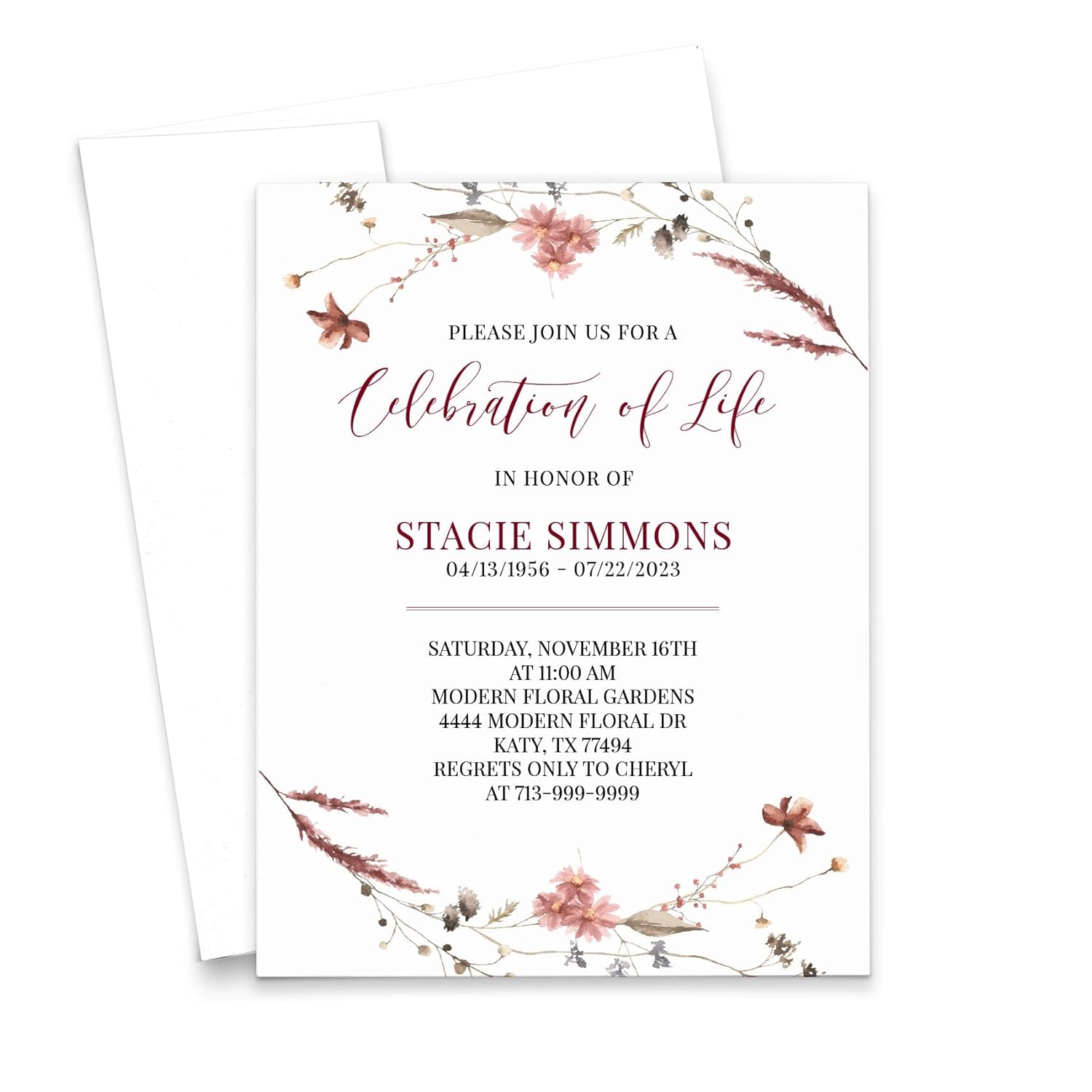 Custom Celebration of Life Invitation Card With Envelope, FLAT Floral Invitations For Funerals, Personalized Funeral Invitation With Border, Funeral Invites, Your Choice of Quantity and Envelope Color