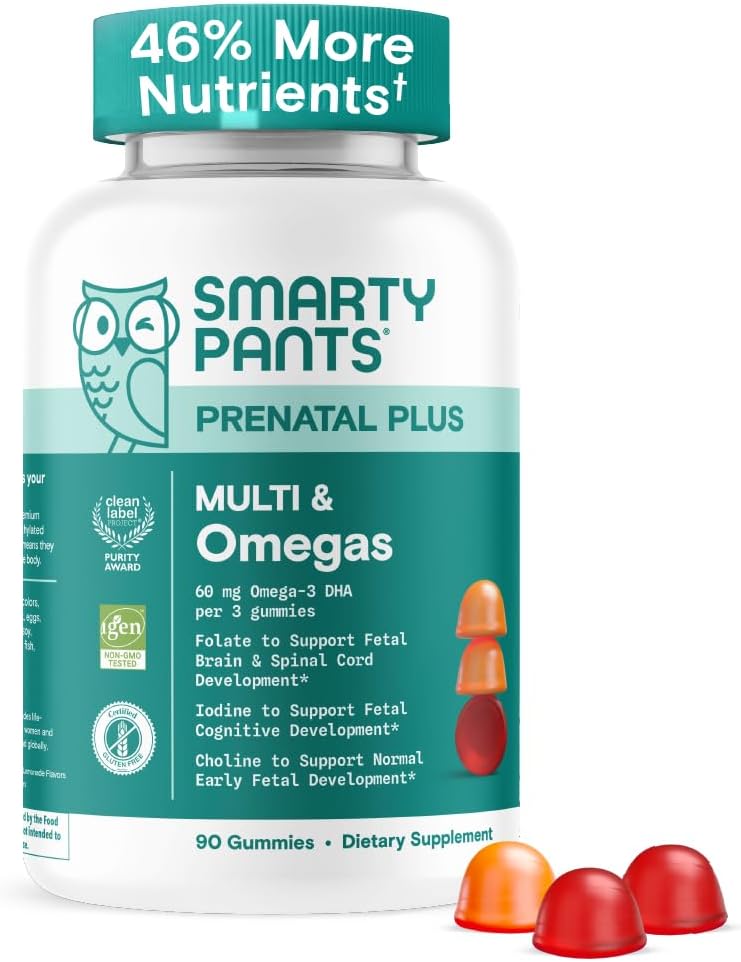 SmartyPants Prenatal Multivitamin Gummies - Improved Formula: Omega 3 (DHA/EPA), Methylfolate, Biotin, Vitamin D3, C, Vitamin B12, B6, Vitamin A, K & Zinc, Gluten Free, 90 Count (30 Day Supply)
