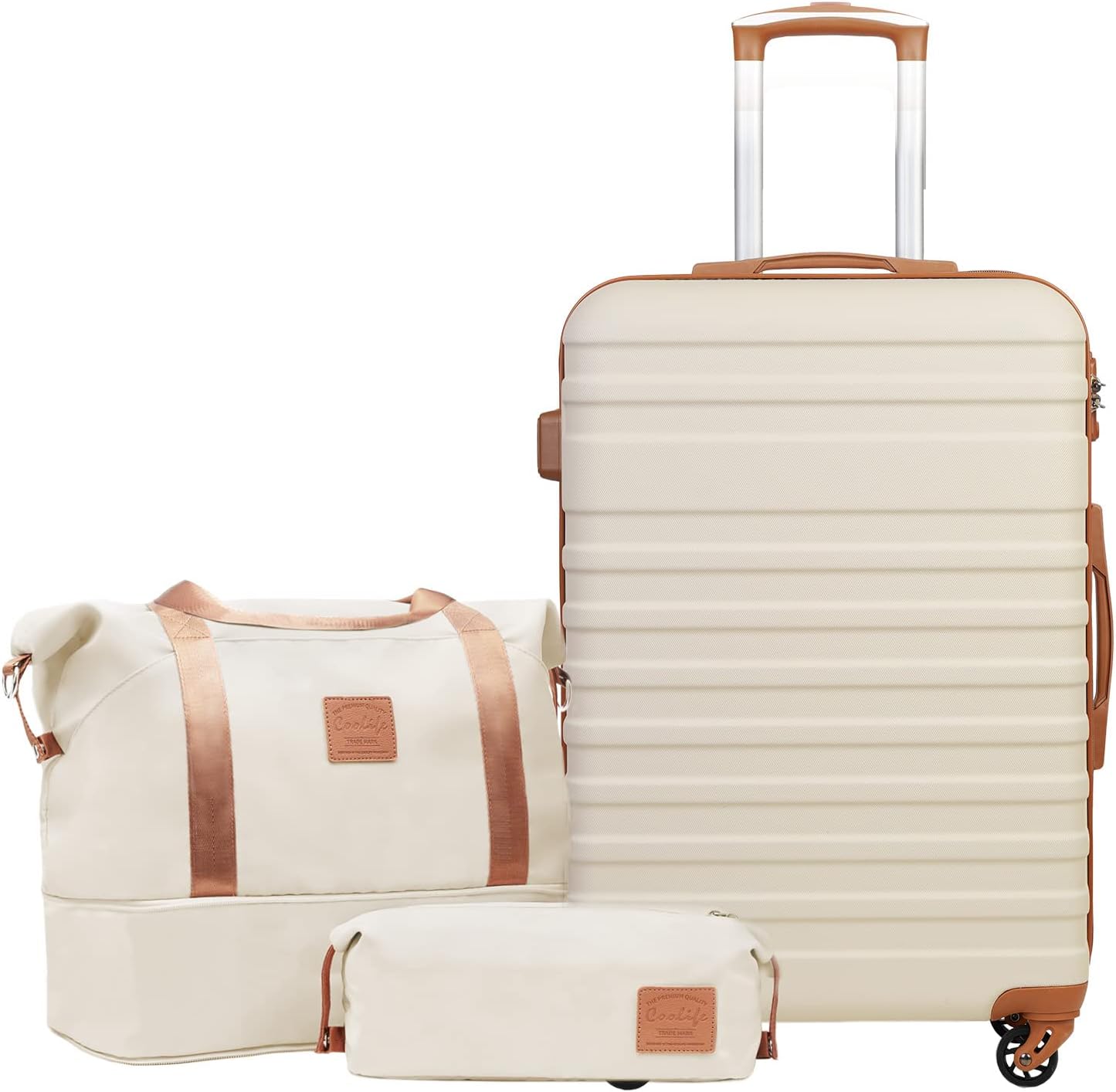 COOLIFE Suitcase Set 3 PCS - 24" Hard Shell Lightweight ABS Luggage + Travel Bag & Toiletry Bag, Medium Suitcase with TSA Lock, 360° Wheels for Travel, Airline & Cruise, Business Trip Beige/Cream
