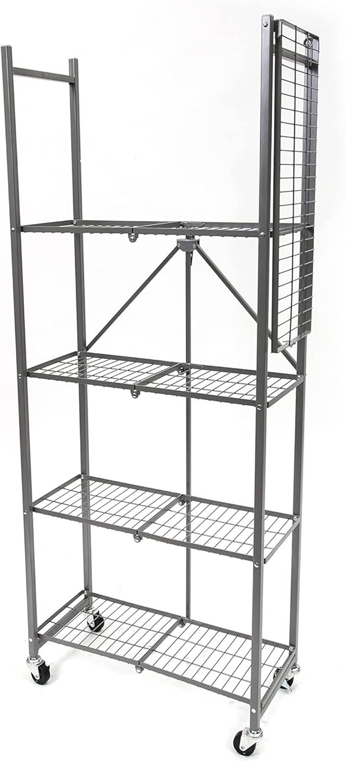 Origami RPR 5-Tier Slim Pantry Rack, Foldable Steel Shelf with Wheels, Silver