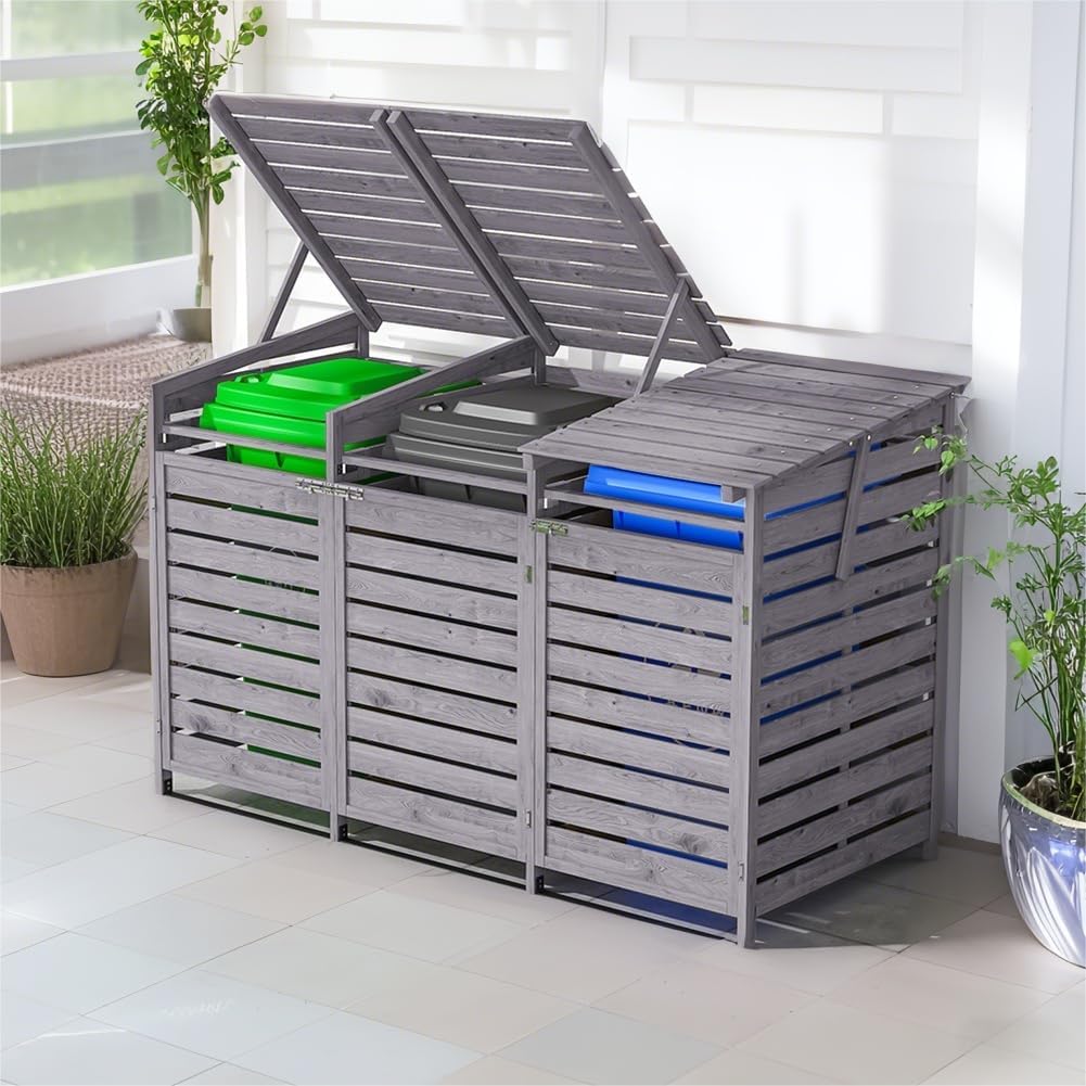 Warmiehomy 3 Wheelie Bin Storage 3 x 240L Wooden Bin Storage for Wheelie Bins, Wooden Recycling Bins Store Outdoor, 1 CM Thick Wood Board, 198 x 86 x 122.5 CM, Grey