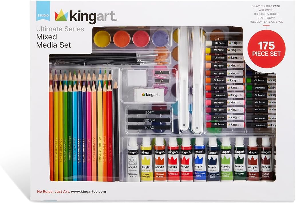 KINGART Ultimate Series 175 Piece Mixed Media Art Set (153), Colored Pencils, Oil Pastels, Acrylic Paints, Brushes