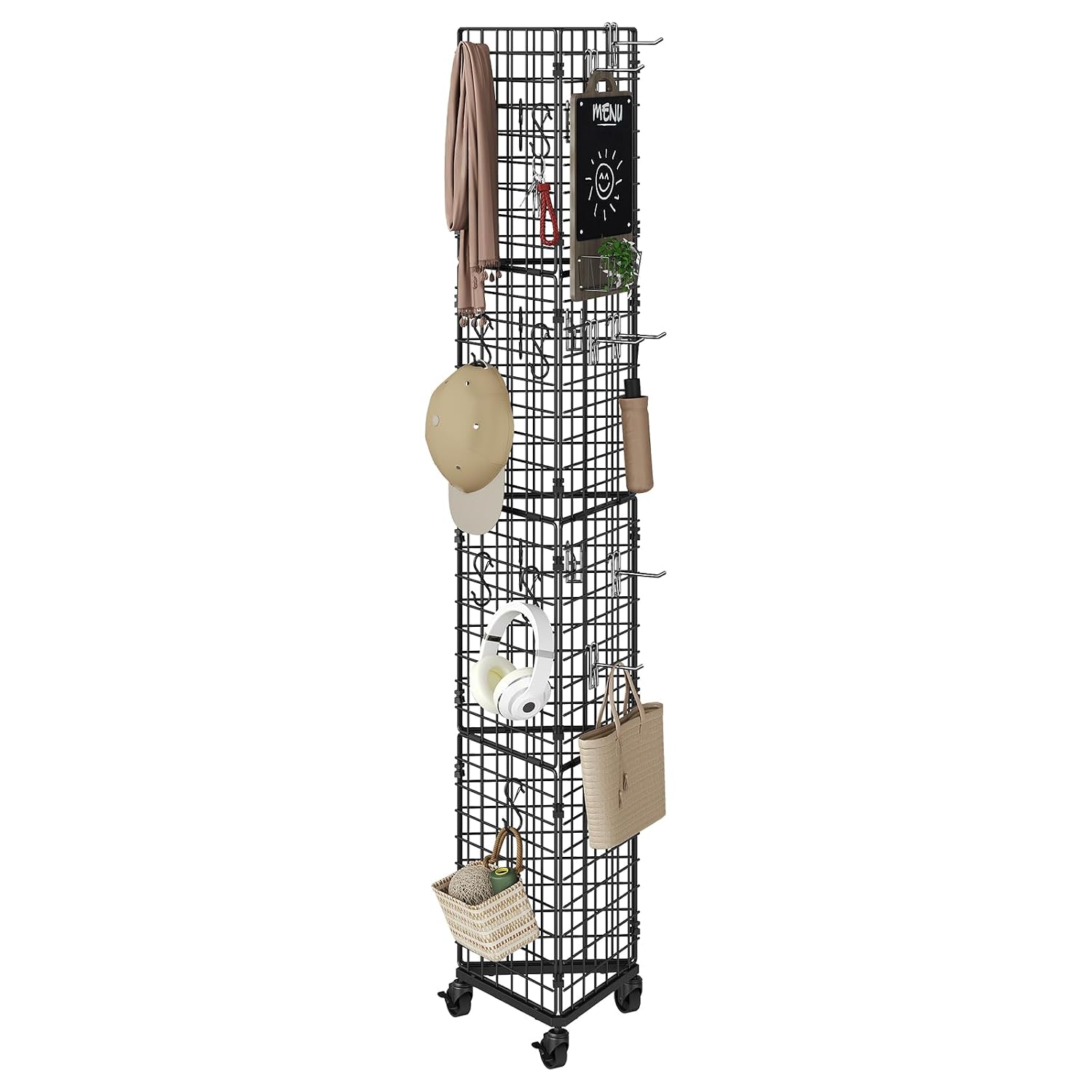 MAHANCRIS Triangular Gridwall Panel with Wheels, 3-Sided Display Stand for Vendor Events with 20 Hooks, Rolling Grid Wall Stand for Trade Shows, Retail Stores, Home Organization, Black GPBK3001