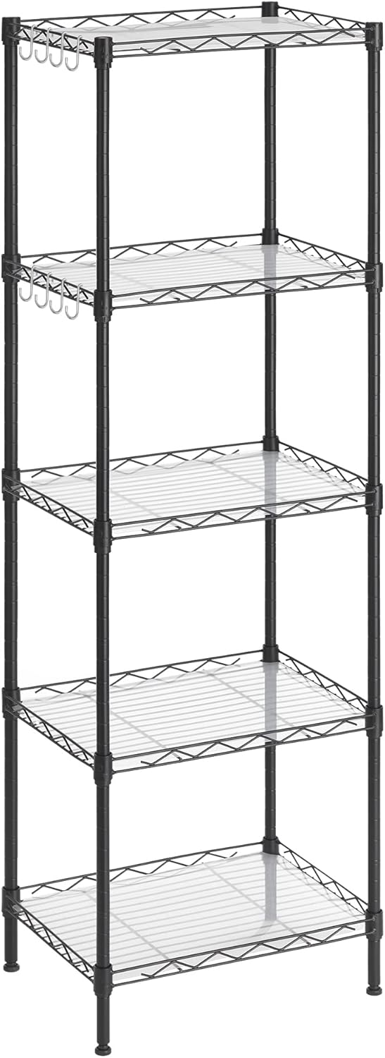 SONGMICS 5-Tier Shelving Unit, Metal Kitchen Storage Shelves, with Adjustable Wire Shelves, PP Liners, 8 Hooks, for Living Room, Garage, 30 x 40 x 121 cm, Black LGR115B01