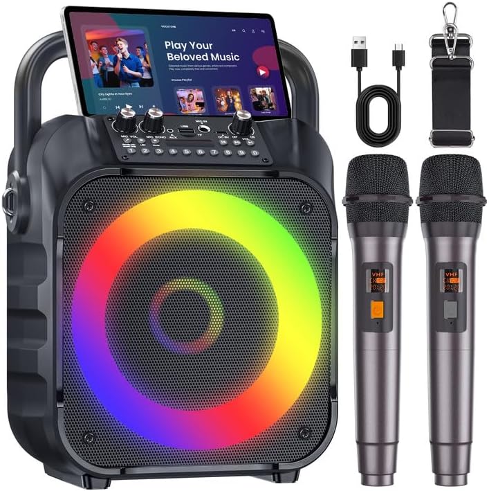 Karaoke Machine with Two Wireless Microphones, Portable Karaoke Machine for Adults & Kids, Portable Bluetooth Speaker with PA System, LED Lights, Supports TF Card/USB, AUX in, FM, USB,TWS (Black)…