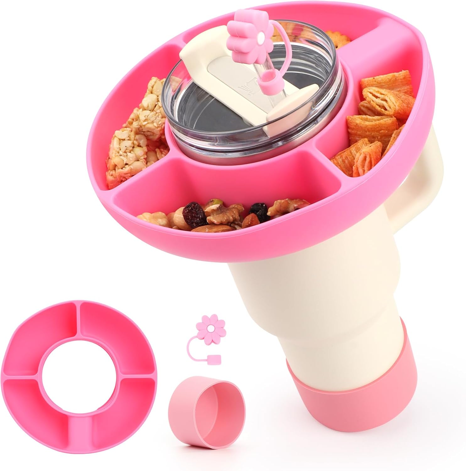 WALLFID Silicone Snack Bowl Compatible with Stanley 40 oz,Reusable, fits Stanley Cup 1.0/2.0,with Boot and Straw Cover caps, 4 compartments for Candy, Popcorn, fits car,Movie Theater (Rose Red)