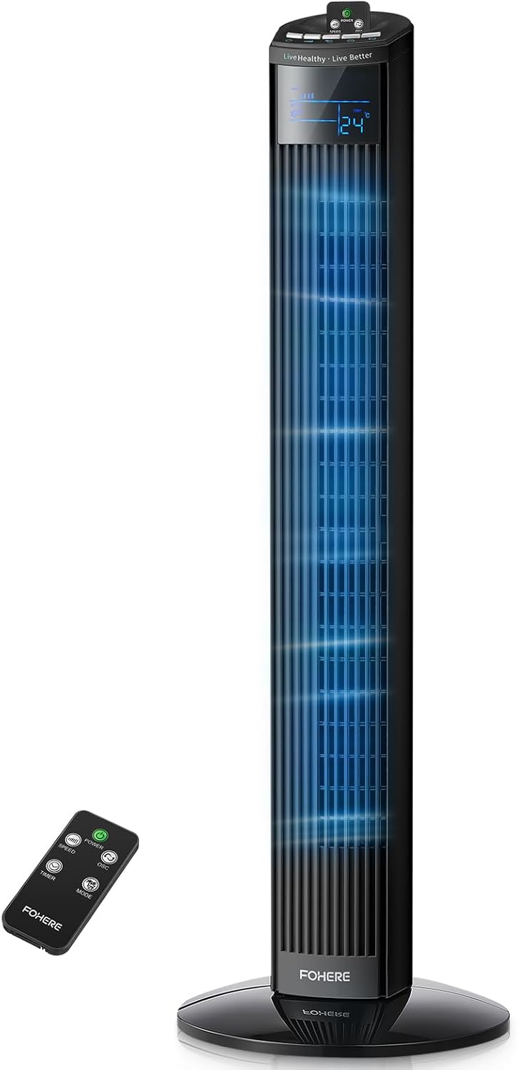 FOHERE Tower Fan for Bedroom, 36" Oscillating Tower Cooling Fan with Remote Control, 12-Hour Timer and Sleep Mode, Portable Stand up Floor Bladeless Fan for Living Room Office, Black