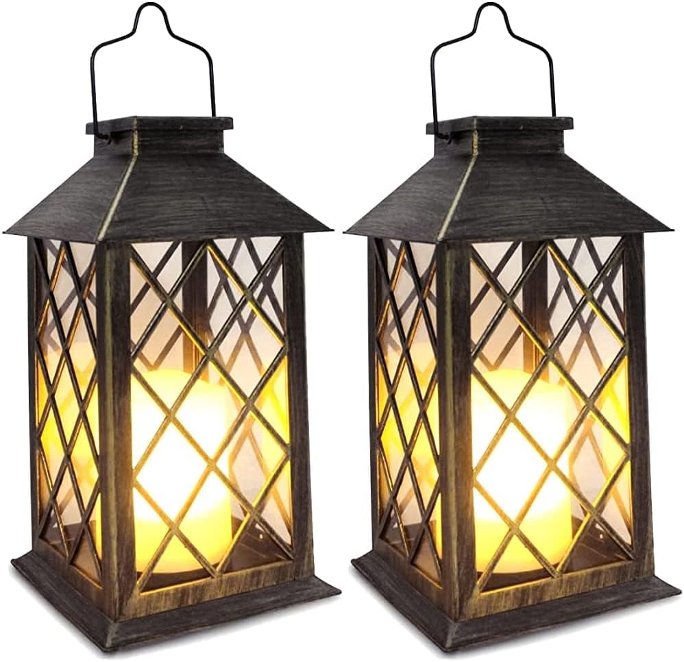 SHYMERY Solar Lantern,Outdoor Garden Hanging Lanterns,2 Pack 14 Inch Lasts 3X Longer 10 lumens Waterproof LED Flickering Flameless Candle Mission Lights for Table,Outdoor,Party Decorative