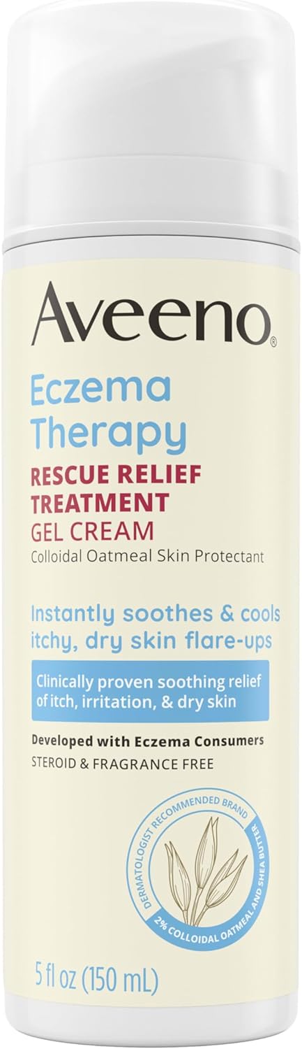 Aveeno Eczema Therapy Rescue Relief Treatment Gel Cream with Colloidal Oatmeal Skin Protectant, Instantly Soothes & Cools Itchy Dry Skin Flare-Ups, Steroid & Fragrance Free, 5.0 fl. oz