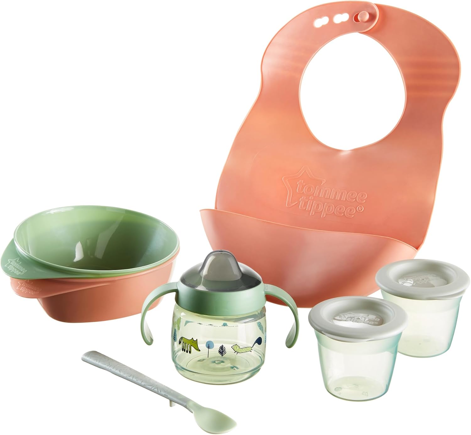 Tommee Tippee First Tastes Weaning Starter Kit, 4+ Months, Toddler Feeding Bowls and Spoons, Roll ‘n’ Go Bib, 100% Leak-Proof Weaning Sippy Cup and Food Storage Pots
