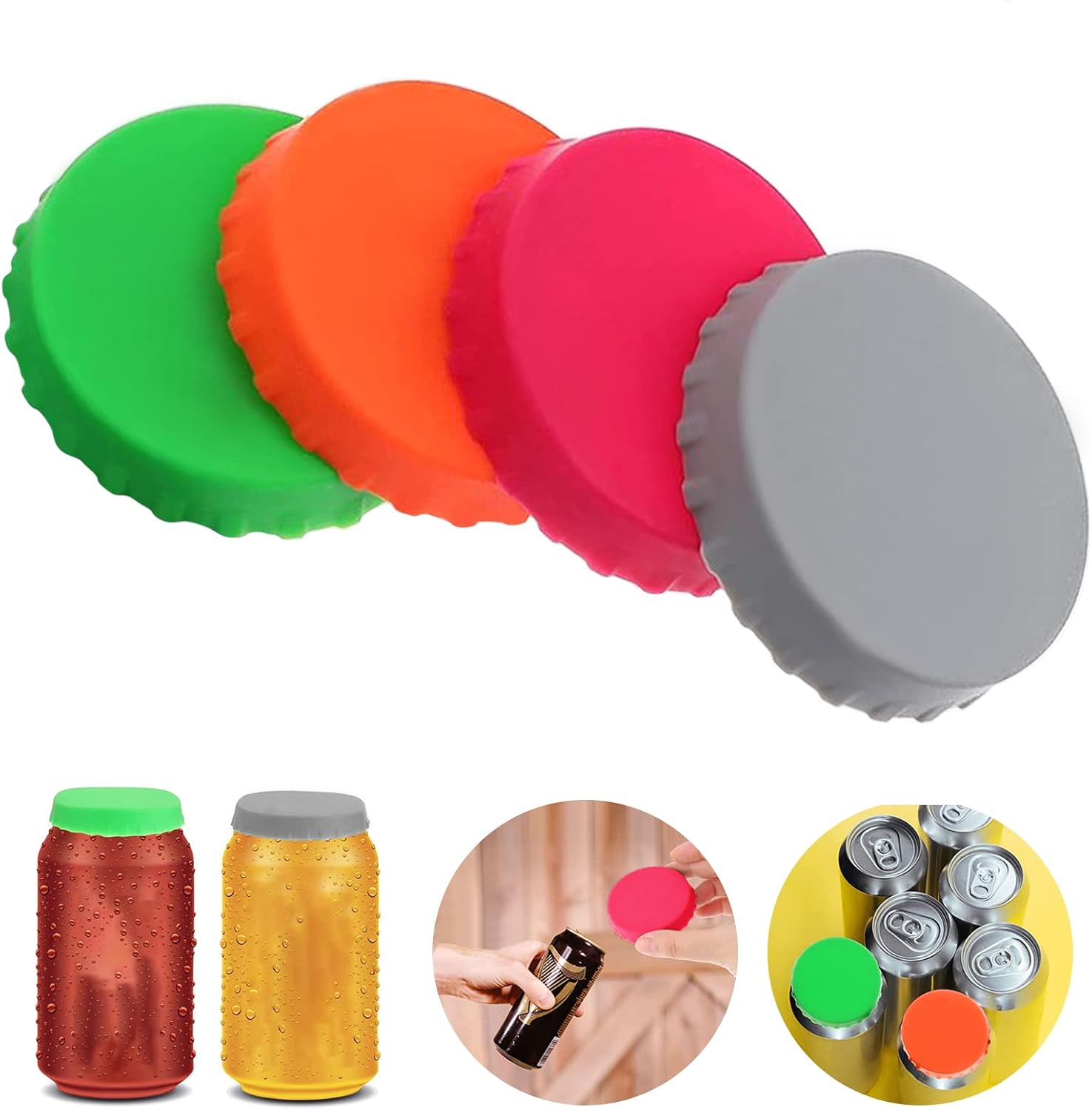 4PCS Beverage Can Lids, Dustproof Silicone Sealer Cap, Standard Soda Beer Saver, can Lids for Fizzy Drinks, SpillProof Drink Covers, Food Protection for Water Cups, for Drinks Bottle Caps for Beer