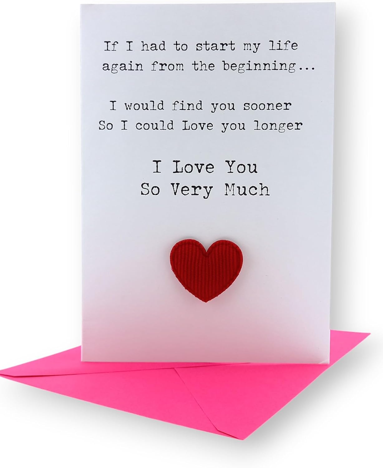 Love You Longer Greetings Card - Hand Finished with Red 3D Heart Embellishment - Includes Pink Envelope