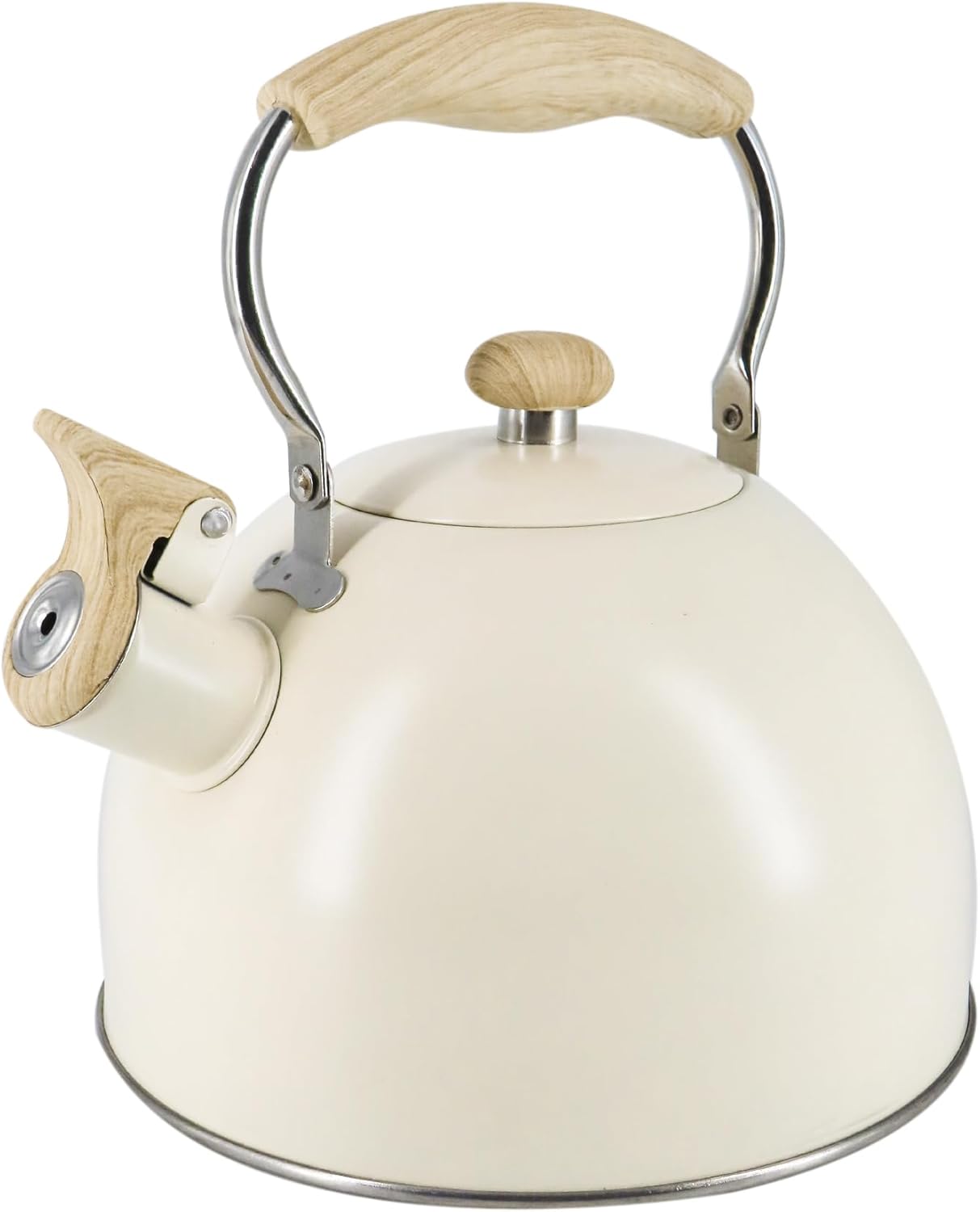Lily's Home Whistling Tea Kettle, Teapot for Stovetop, Pleasant Whistle Sound, Heat Resistant Plastic Handle - Faux Wood Finish, Non Toxic Stove Kettle for Boiling Water - 2.5 Quarts (Cream)