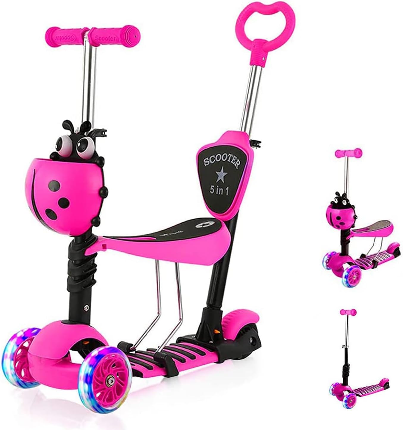 YOLEO 5-in-1 Kids Scooter with Removable Seat, LED Flashing Wheels Height Adjustable 3 Wheels Kick Scooter with Push Handle for Toddlers, Boys and Girls from 2 Years