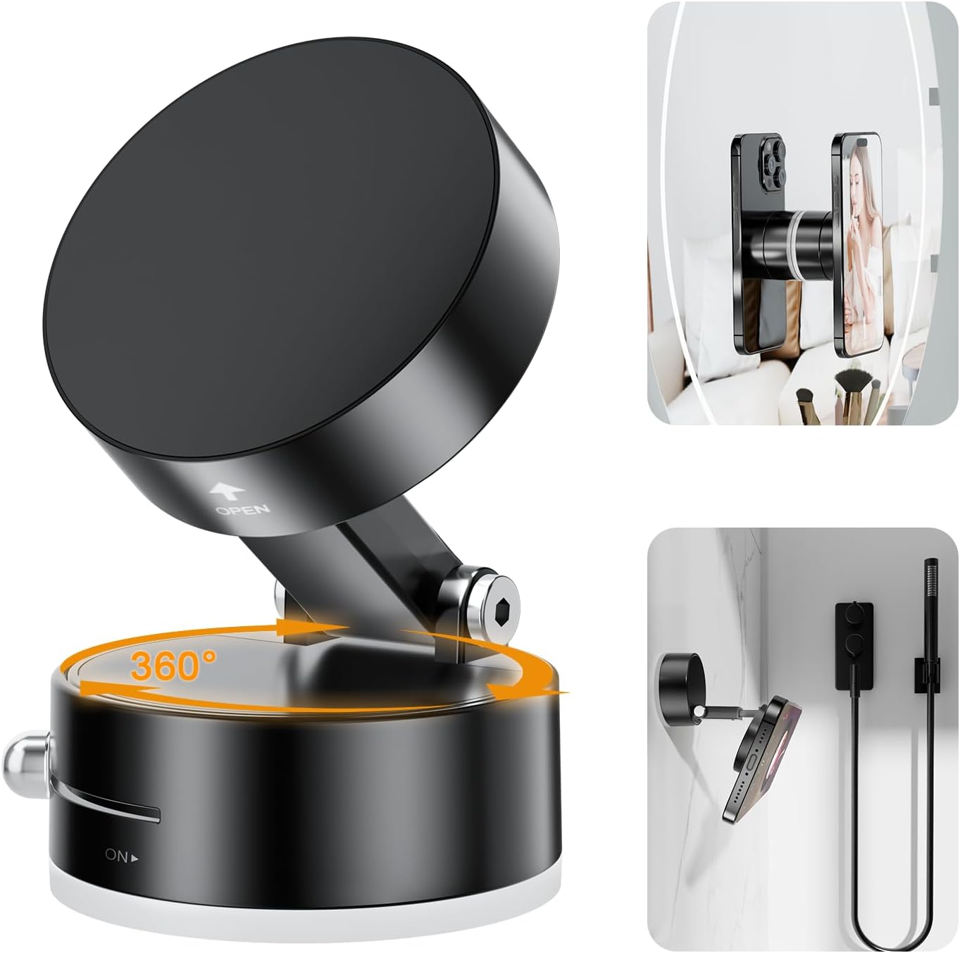 imluckies Vacuum Suction Magnetic Phone Holder, 360° Rotatable & Foldable Suction Cup Phone Mount, Compatible with Magsafe iPhone 16 15 14 13 12 for Shower/Bathroom/Mirror/Gym/Car/Kitchen, Black