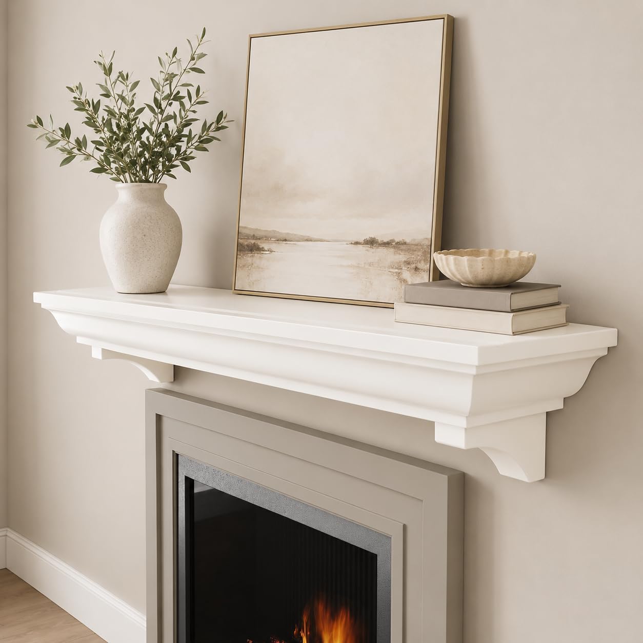 Fireplace Mantel, 60 Inch Rustic Fireplace Shelf with Arched Corbels, 100 lbs Weight Capacity Natural Wood Mantles for Over Fire Place, Mantel for Living Room (White)