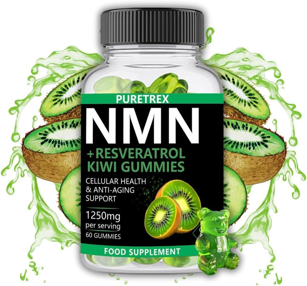 PURETREX Cellular Vitality & Anti-Aging Kiwi Gummies with Resveratrol | NAD+ Support | 1250mg per Serving | 60 Gummies | Energy nmn Alternative
