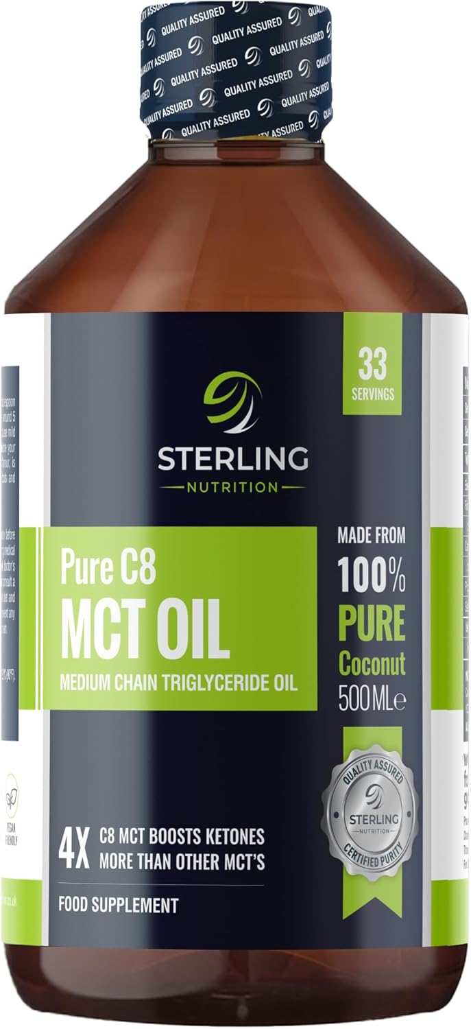 Pure C8 MCT Oil - 500ml | 4X More Ketones for Keto Diet & Fasting | Safe & Premium Lab Tested 99.7% Purity | Made from 100% Sustainable Coconuts | Vegan Friendly & Gluten-Free | STERLING NUTRITION