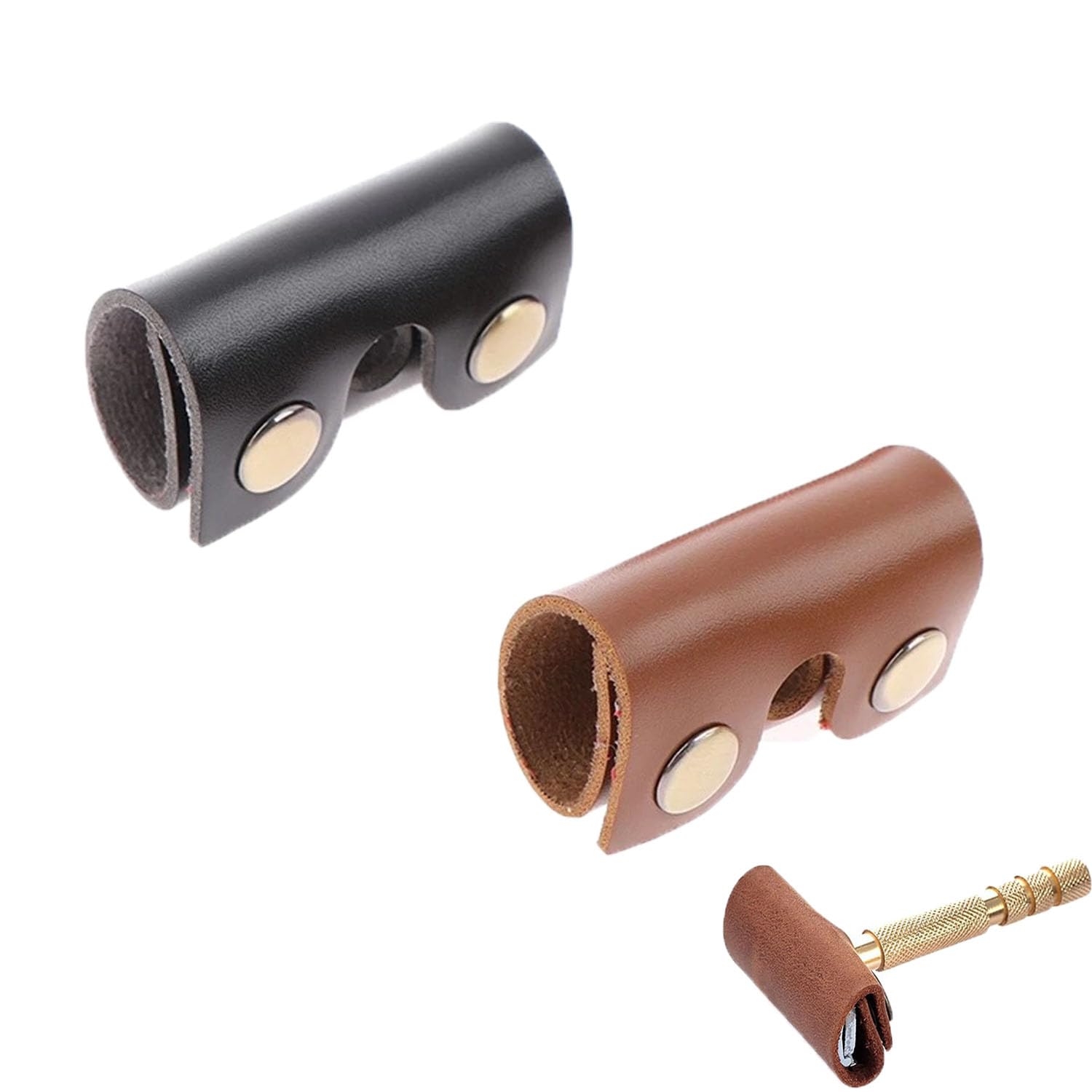 2 Pack Safety Razor Head Protecting Leather Cover Protective Travel Case with Snap Buttons Safety Razor Blade Guard Protector for Double Edge Safety Razor Single Blade Razors