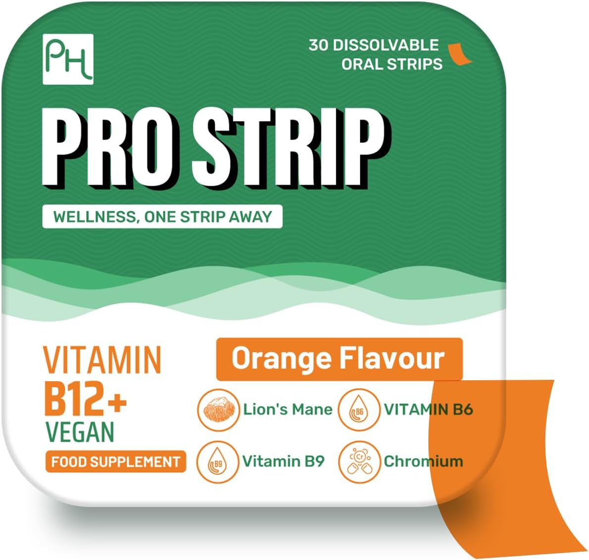 PROSTRIP Vitamin B12+ 1500mcg with Vitamin B6, Folic Acid, Chromium, and Lion's Mane Mushroom – 30 Oral Vegan Strips - Refreshing Orange Flavour – No Water Needed - by Prowise Healthcare
