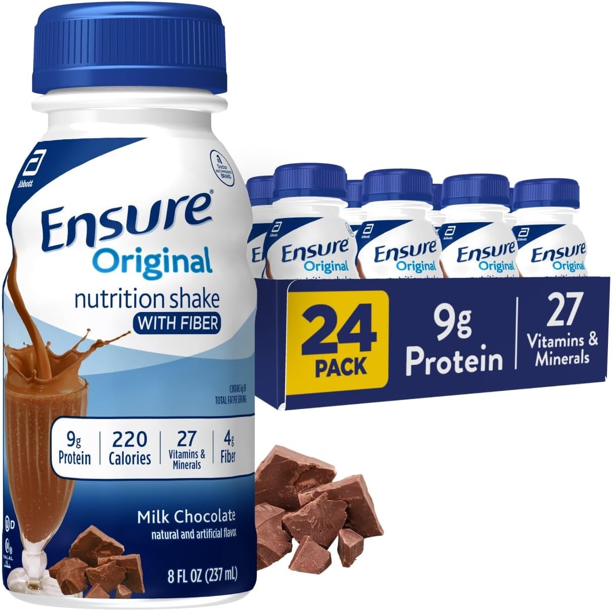 Ensure Original Milk Chocolate Nutrition Shake With Fiber | Small Meal Replacement Shake | Ready to Drink | 9g Protein, 27 Vitamins and Minerals | 8 fl oz - 24 Pack