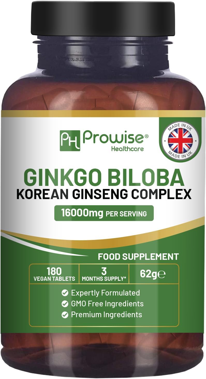 Ginkgo Biloba and Korean Ginseng Tablets 16000mg 180 Vegan Tablets | Ginkgo 12000mg & Korean Ginseng Root 4000mg Supports Cognitive Function & Mental Performance | UK Manufactured by Prowise