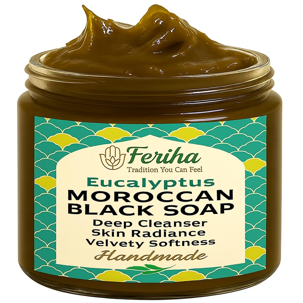FERIHA Moroccan Black Soap Hammam with Eucalyptus – Exfoliating Beldi Spa Paste, Natural Olive Cleanser, Body Scrub & Deep Skin Cleanser – 7oz (Made in Morocco)
