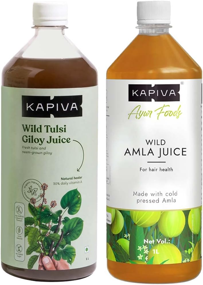 Wild Tulsi Giloy Juice 1L | Natural Juice for Building Immunity + Kapiva Wild Amla Juice 1L | Immunity and Digestion Booster