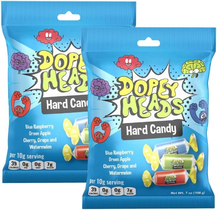 Dopey Heads | Hard Candy | HALAL | Assorted Hard Candy | Five Flavours | Blue Raspberry | Apple | Cherry | Grape | Watermelon | Pack of 2 | Weight 198g (7 oz) Each (Assorted Hard Candy)