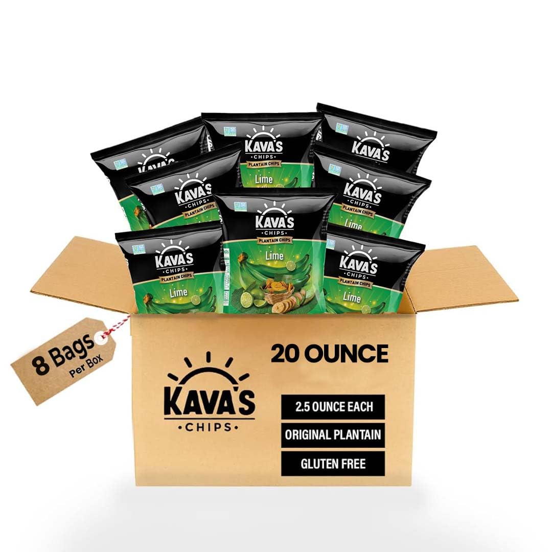 Kava's Plantain Chips Lime 2.5 Ounce (Pack of 8) - Lime Plantain Chips Individual Bags, Vegan & Gluten Free Lime Chips | Banana Plantain Chips Delicious & Healthy Snacks - Plantain Chips Bulk