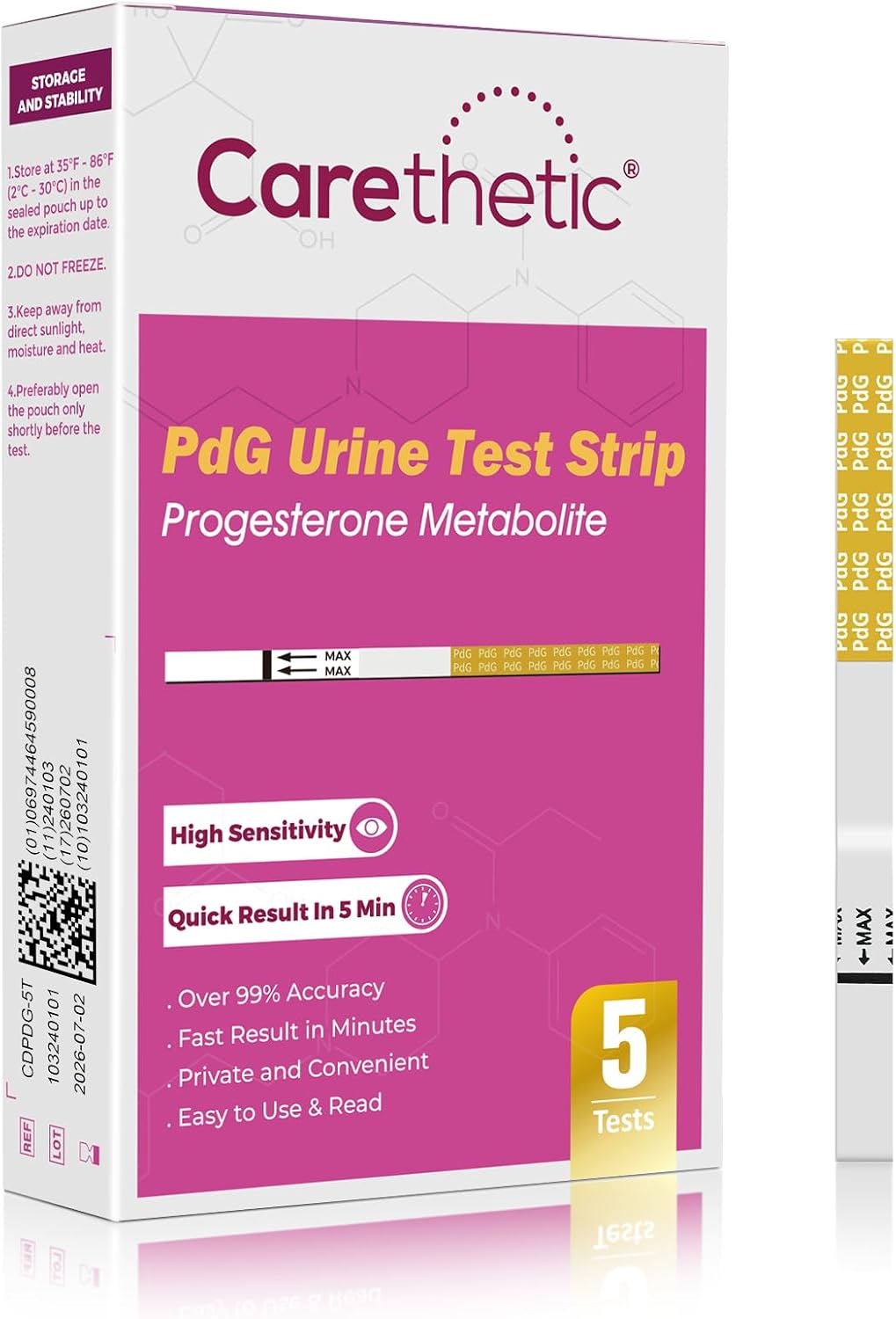 Carethetic PdG Test Strips - Progesterone Urine Test Kit - At-Home Ovulation Confirmation Test for Women - 5 Tests