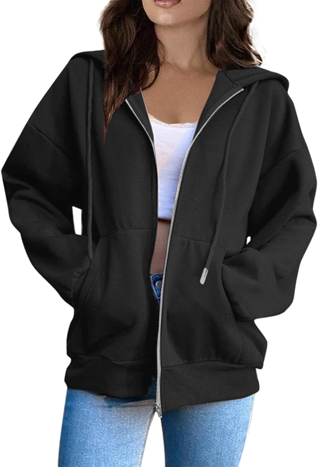 Ladies Solid Color Zip Up Hoodies Sweatshirt Women Tops Long Sleeves Casual Fashion Loose Hooded Jackets with Pockets