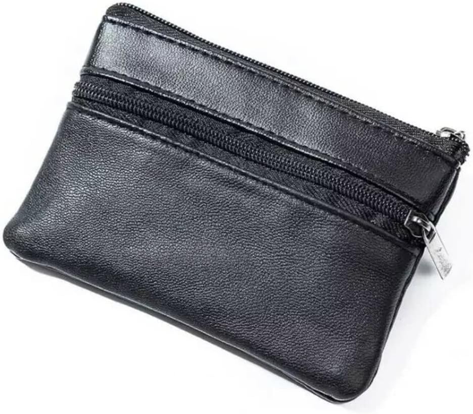 Unisex Black Small Coin Pouch Purse Key Holder Leather Zip Wallet Card Holder, 11 x 7 cm