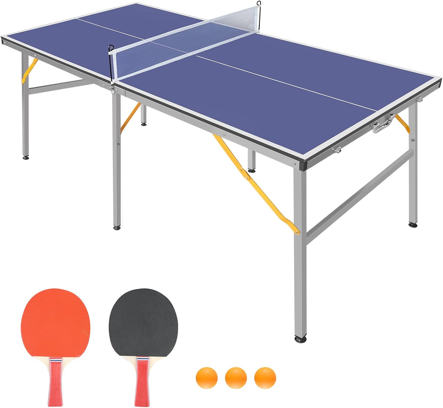 REXOUS 6ft Mid-Size Table Tennis Table Foldable & Portable Ping Pong Table Set for Indoor & Outdoor Games with Net, 2 Table Tennis Paddles and 3 Balls,blue