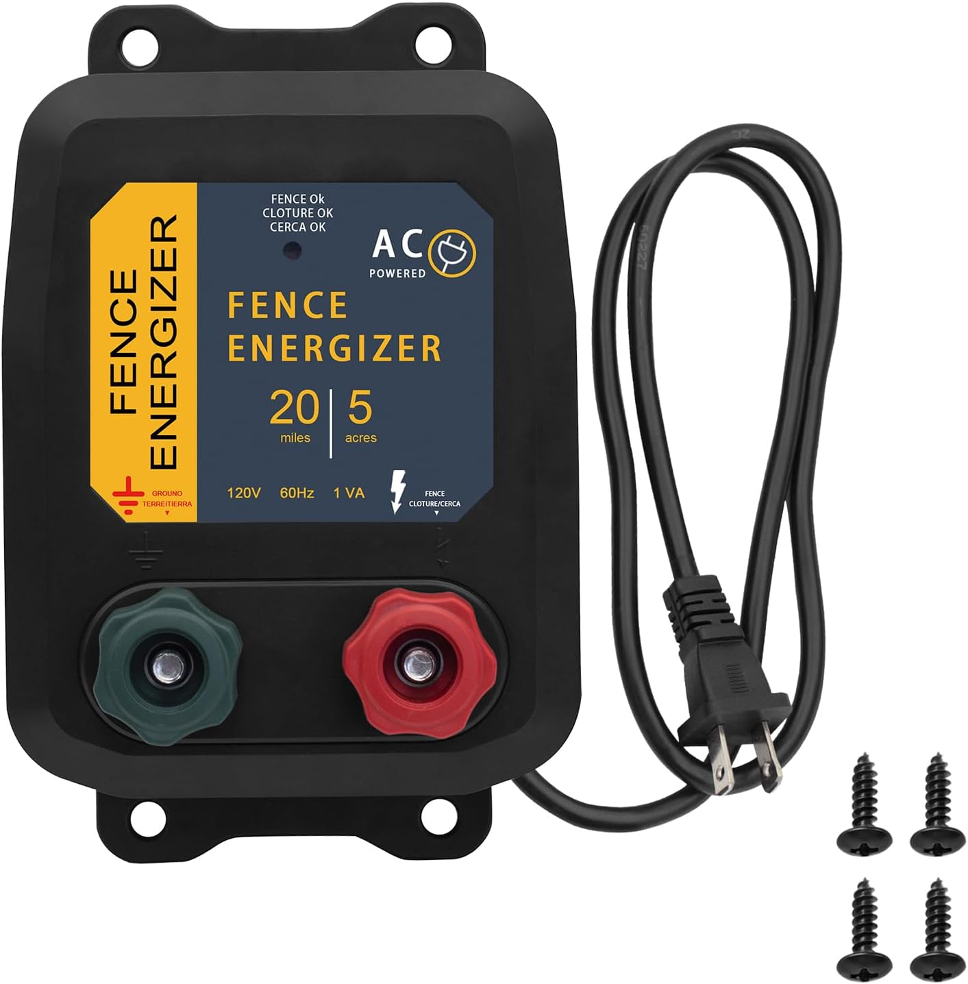 Electric Fence Energizer with Wire 5 Miles/ 20 Acres AC Powered 120 Volt, Plug-in Electric Fence Charger Output 1.2 Joule for Preventing Raccoons, Livestock, Squirrels