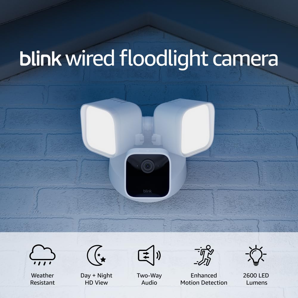 Blink Wired Floodlight Camera - Smart security camera, 2600 lumens, HD live view, enhanced motion detection, built-in siren, Works with Alexa – 1 camera (White)