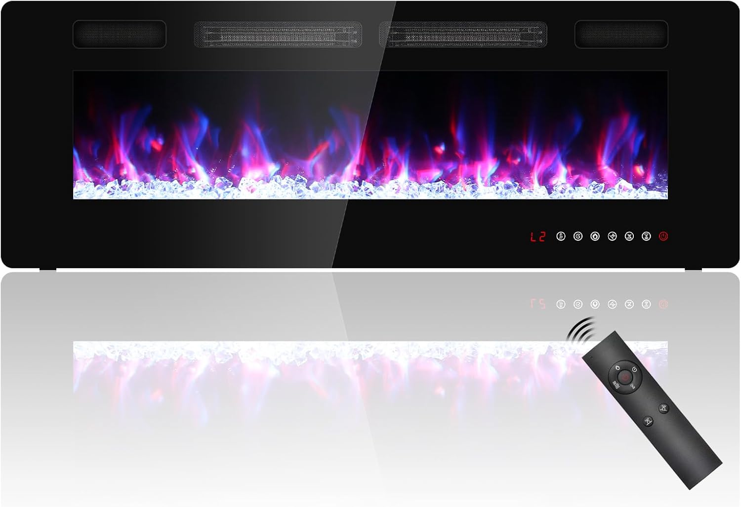 50 inch Ultra Thin Electric Fireplace, Freestanding, Recessed or Wall Mounted, 1500W Energy Efficient Heater with Realistic 3D Crystal Flame Effect, Remote Control & Touch Panel, 750W/1500W,UKCA/CE