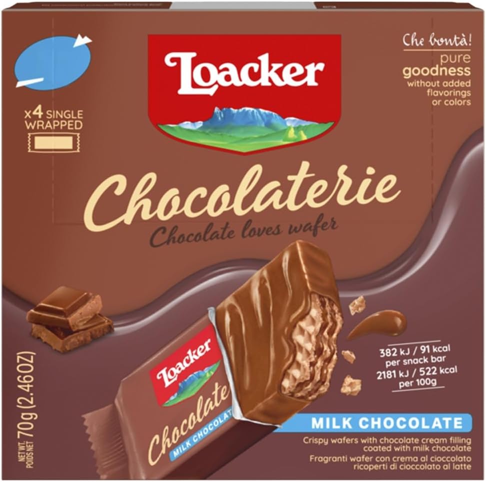 Loacker Wafer Biscuits, Milk Chocolate Wafer Bars,Box of Chocolate Biscuits, Individually Wrapped Biscuits,Classic Italian Biscuits,All Natural Ingredients,70g (Pack of 4 x Individually Wrapped Bars)