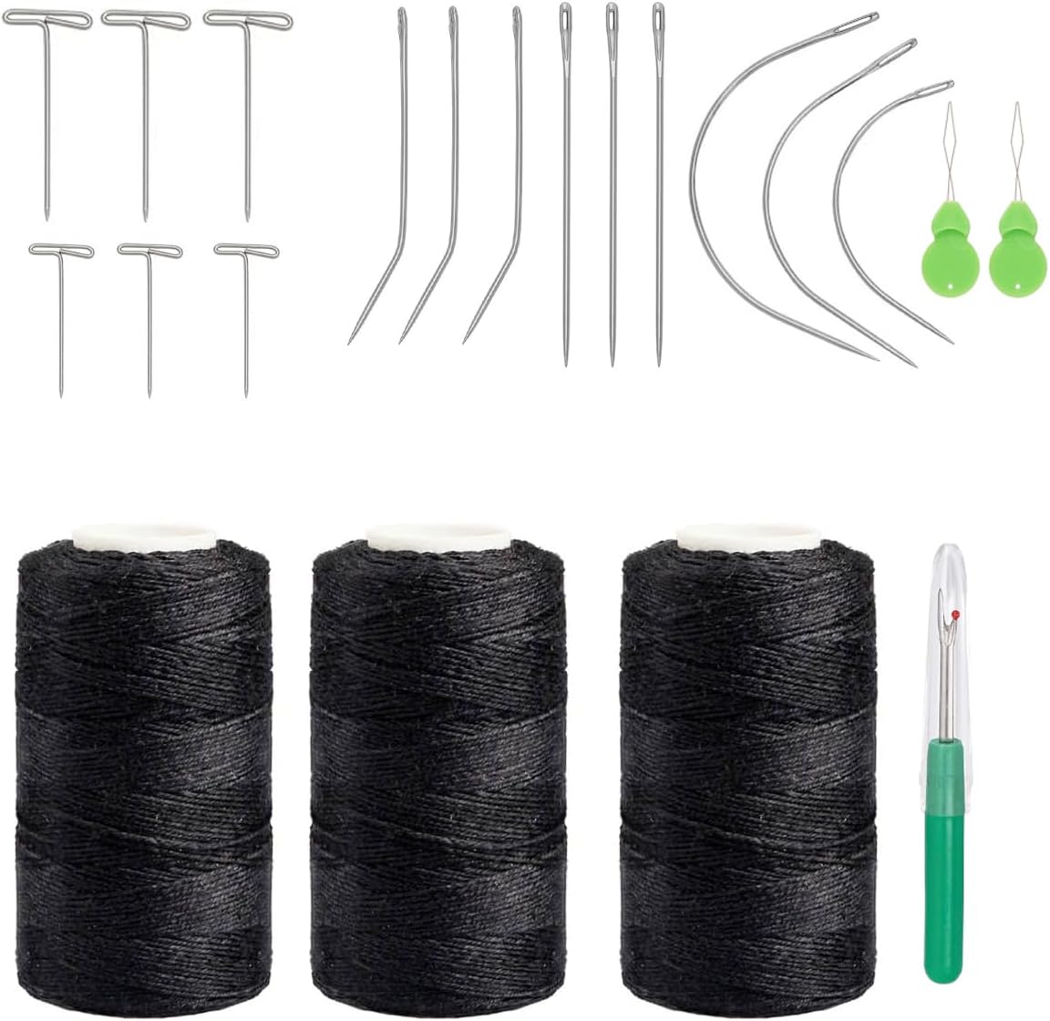Kyzistn Needle and Thread for Weave,3 Rolls Hair Weave Sewing Threads with 21Pcs C J I T Shape Curved Upholstery Needles for Making Wigs DIY,Clips Hair Extensions