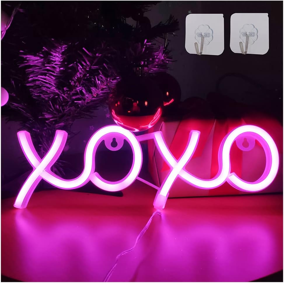ENUOLI XOXO Neon Signs XOXO Light Neon Sign - USB & Battery Operated LED Signs Neon Lights Neon Night Lights for Bedroom Neon Signs for Wall Decor Birthday Wedding Party Xmas Room (Pink)