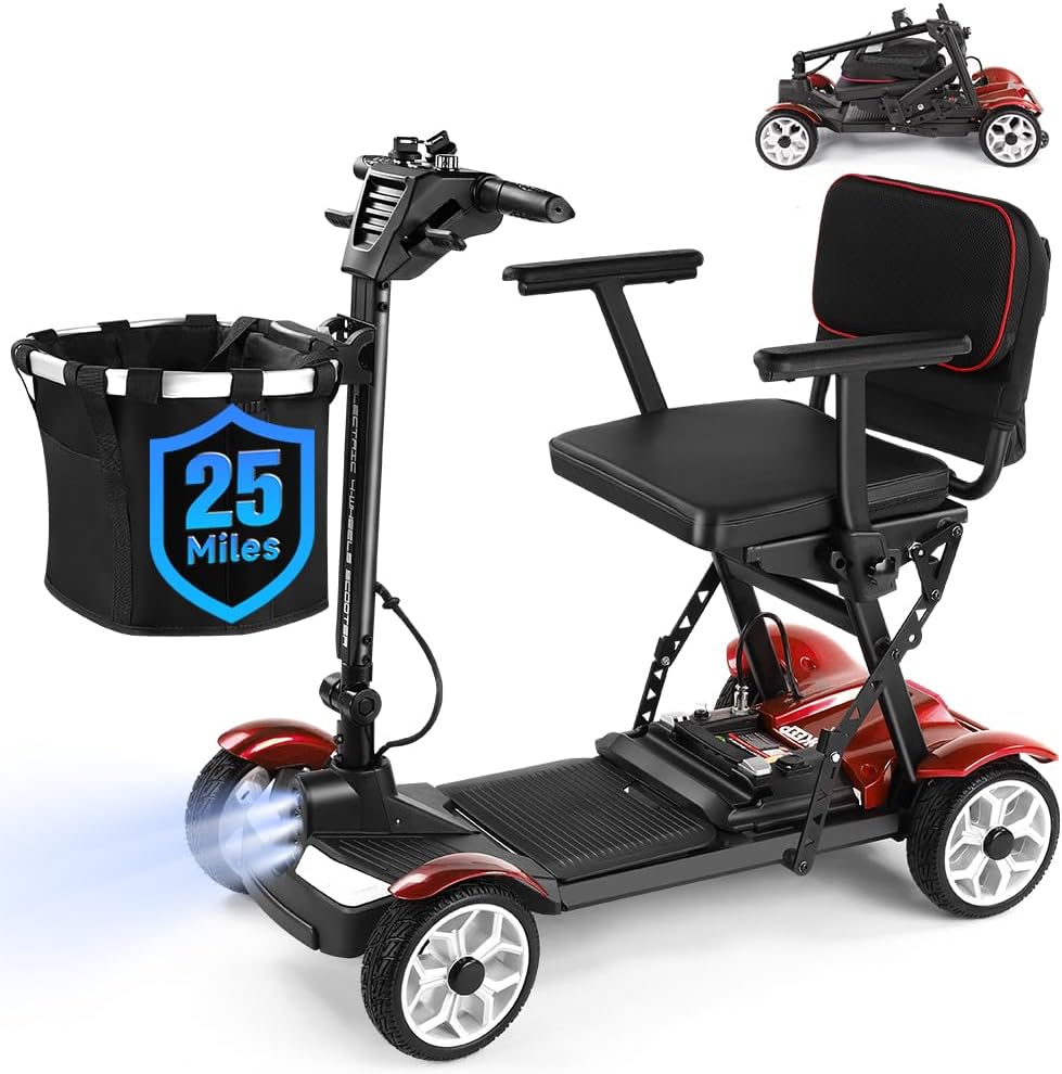 4 Wheels Folding Mobility Scooter, 28 Miles Range, 384Wh Removable Li Battery, Max 300LBS, Ultra Lightweight Electric Scooter for Adults Seniors, Front & Rear Lights, Convenient for Travel, Red