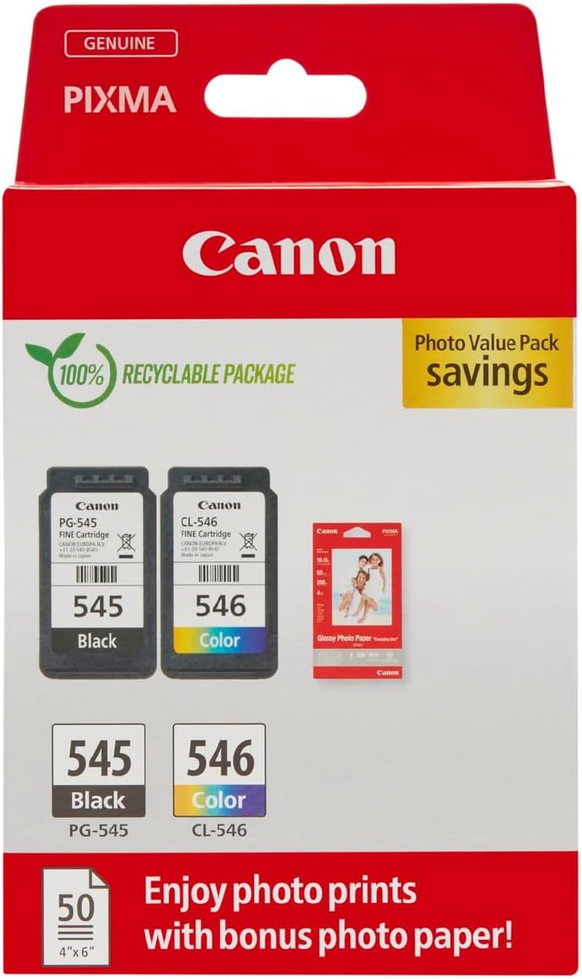 Canon Ink & Paper Multipack - PG-545/CL-546 Genuine Printer Ink Cartridges 2 Pack (1 x Black, 1 x Colour) & 4x6 Photo Paper (50 x Sheets) For TS3350, TS4550, TS3450, TS3150, TR4650, MX495