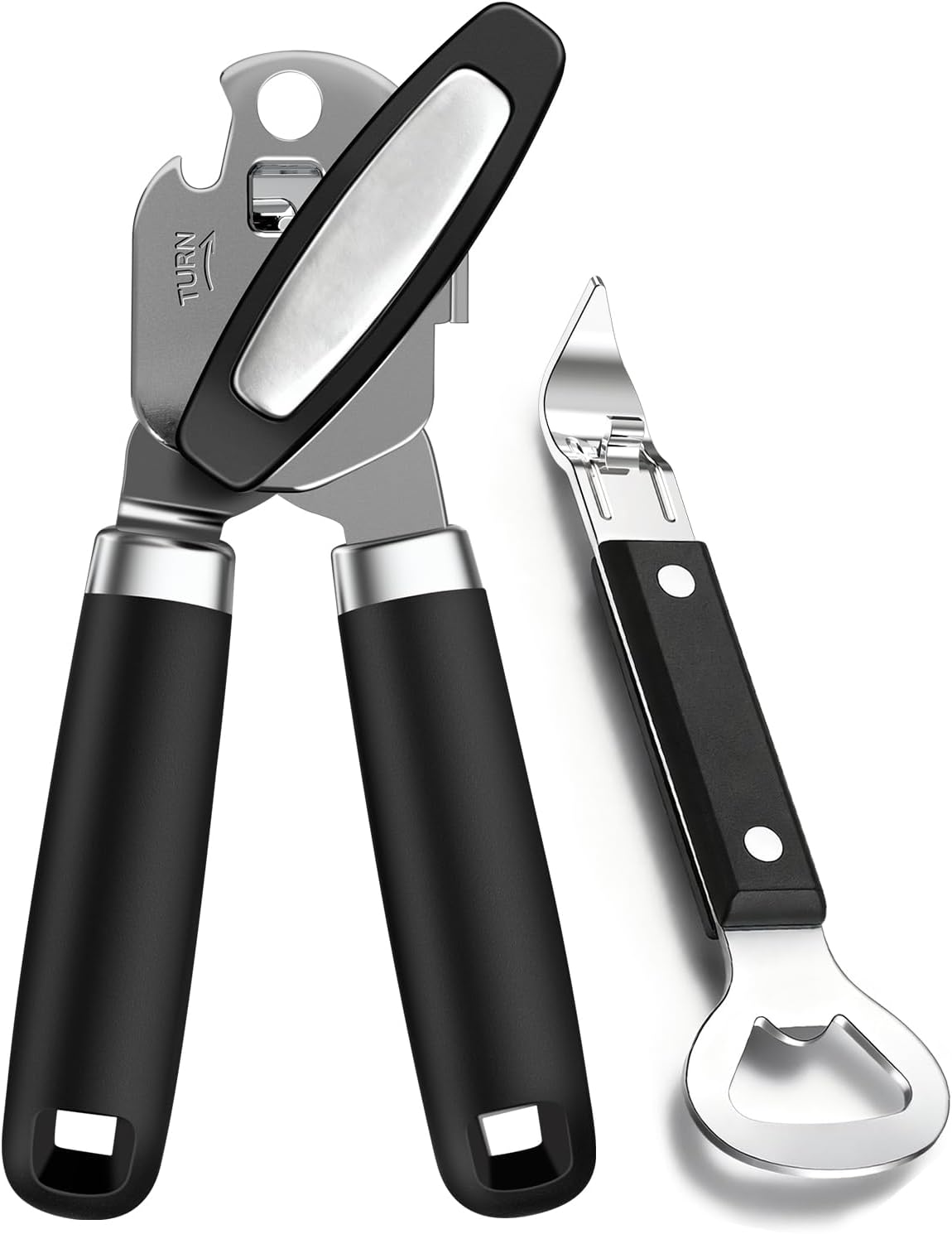 2PCS Can Opener Manual & Bottle Opener, Smooth Edge Manual Can Openers with Strong Magnet, Heavy Duty Stainless Steel Abrelatas Handheld Can Openers - Premium Kitchen Supplies (Black)